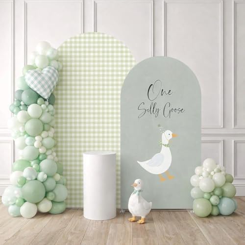 Set of 2 Arch Backdrop Covers One Silly Goose Baby Shower 2PCS Spandex Arch Stand Cover Plaids Girl Birthday Easter Party Banquets Decorations (6FT & 5FT,Green) by ellteecz