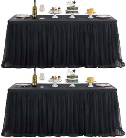 familus Black Table Cloths 8 Foot Rectangle 2 Pack Stretch Ruffle Tulle Tablecloth Spandex Fitted Table Cover for 8 Foot Tulle Table Skirts for Party Wedding Table Cloths, Banquets by familus