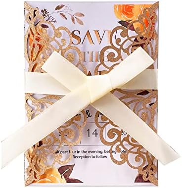 50Pcs Laser Cut Wedding Invitation With Glitter Envelopes And Ribbons Blank Personalized Card Invitaciones Para quinceañera Birthday Baby Shower Christmas Party Bridal Shower (Rose Gold) by Fashmade