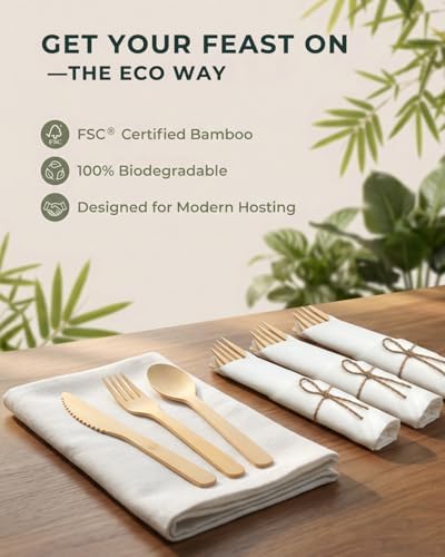 Pre Rolled Bamboo Silverware Set with Napkins - 50 Pack Bamboo Utensils - Image 6