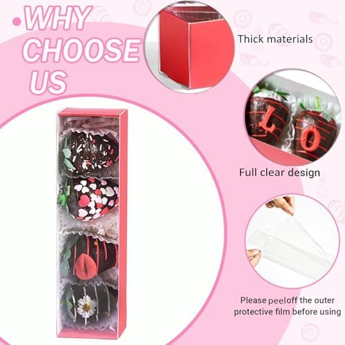 50Pack Red Chocolate Covered Strawberry Box for 4, Macaron boxes, Long Treat Box for Truffles, Cookies, Ores, Chocolate Cocoa Bombs&Cake Ball Bakery Packaging Supplies - Image 3