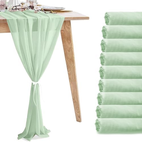 10 Pack 10ft Sage Green Chiffon Table Runners Wedding Table Runner Sheer Romantic Tulle Table Runner for Christmas Wedding Bridal Tea Party Baby Shower Birthday Party Table Decorations(120 x 12 in) by VZZNN