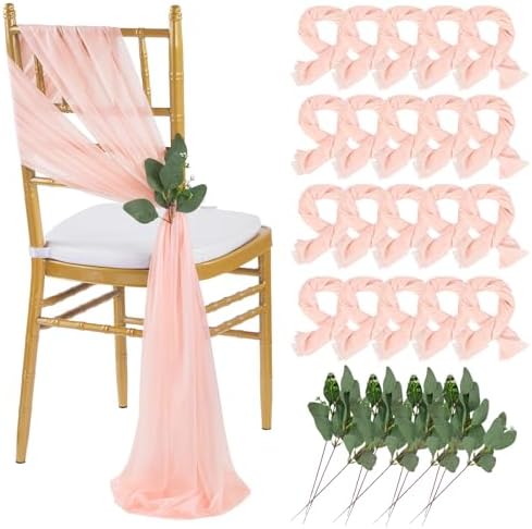 QueenDream Blush Chair Sashes Wedding Aisle Decorations: 16 Packs Tulle Draping Fabric Sheer Church Chair Cover Bulk for Baby Shower Party Banquet by QueenDream