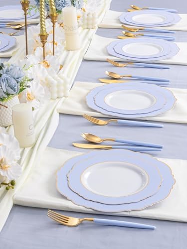 WDF 60pcs Blue Plates Disposable With Gold Rim - Baroque Baby Blue Plastic Party Plates for Wedding/Party/Baby Shower/Spring - Image 6