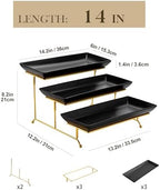 MALACASA 3 Tier Serving Trays for Party, 14 Inch Porcelain Black Trays for Serving Food, Dessert Stand with Collapsible Gold Metal Rack - Image 2