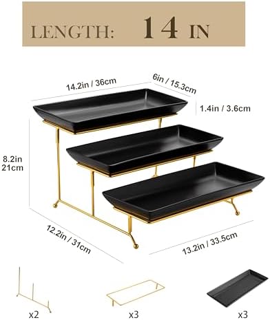 MALACASA 3 Tier Serving Trays for Party, 14 Inch Porcelain Black Trays for Serving Food, Dessert Stand with Collapsible Gold Metal Rack - Image 2