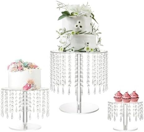 Crystal Cake Stand for Party, Clear Acrylic Cake Stand Sets for Dessert Table, 3Pcs Round Cake and Cupcake Stand for Wedding Birthday Party Event Decorations by LANLONG