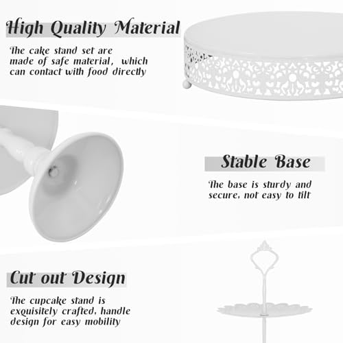Fivenl 8 Pcs Cake Stand White Metal Dessert Table Display Set, 3-Tier Cupcake Stand, Cake Display Tower and Cookie Tray Rack Serving Tray for Birthday Party, Weddings, Baby Shower (White) - Image 3