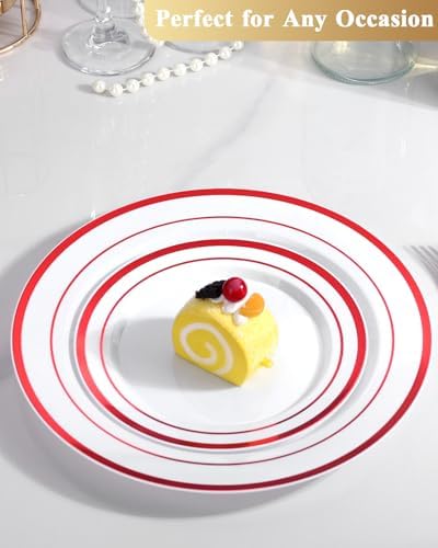 Goodluck 200 Pack Red Rim Plastic Plates - 100 Dinner Plates (10.25") & 100 Dessert Plates (7.5") - Heavy Duty Disposable White Plates with Elegant Red Trim - Premium Dinnerware Set for Wedding - Image 3