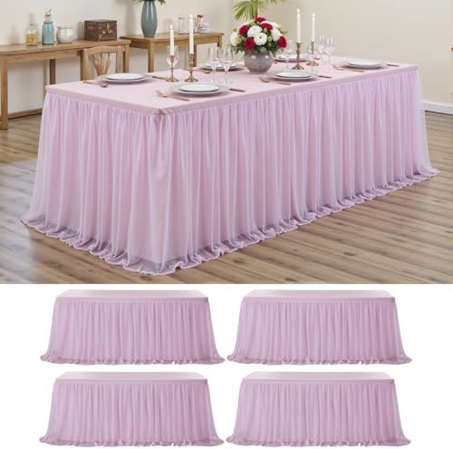 Pink Tulle Tablecloth for 8 FT Rectangle Tables 4-Pack, Ideal for Weddings by PartyVillage