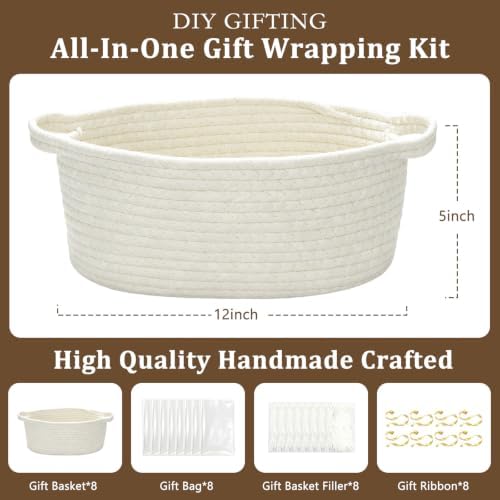 8PCS Small Woven Basket for Gift with Bags, Ribbons & Fillers, White - Image 2