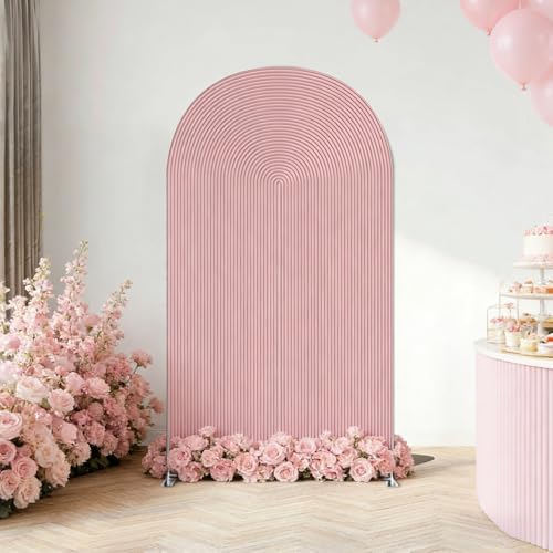 Double-Sided Arch Frame Fabric Cover Beige White Ripples Arched Panel Stand Cover for Wedding Birthday Baby Shower Parties Decoration (Pink-HP462,3X6.5ft) by AOSTO
