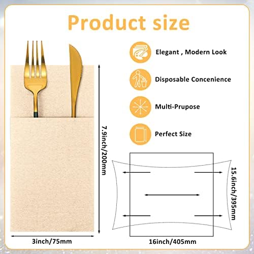 Cindeer 150 Pcs Champagne Linen Dinner Napkins with Built in Flatware - Image 2