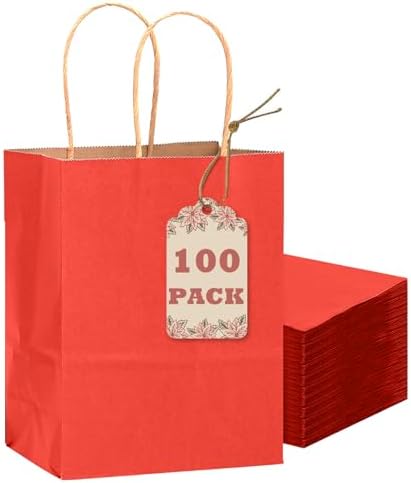 qiqee 100PCS Gift Bag with Handles Bulk Kraft Red Paper Bags Multiple Uses (8.3"x3"x6"inch Small Size) by Qiqee