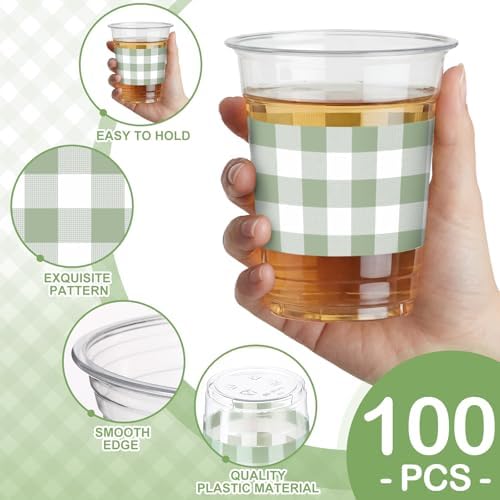 100 Pcs Sage Green Gingham Plastic Cups for Baby Shower, 12 oz - Image 2