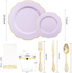 NOCCUR 175PCS Purple Plastic Plates with Gold Disposable Silverware - Include 50 Lavender and Gold Plastic Plates,25 Knives,25 Forks,25 Spoons,25 Cups and 25 Napkins - Wedding/Party/Spring - Image 2
