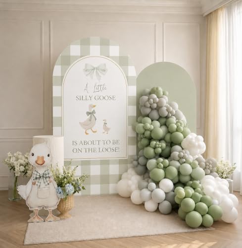 Set of 2 Arch Backdrop Covers Silly Goose Baby Shower Sage Green Gingham Birthday Party Gender Reveal Decoration (Goose,7.2FT & 6FT) - Image 6