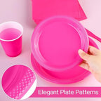 Aodaer 400 Pieces Hot Pink Party Supplies Disposable Dinnerware Set Include Plastic Plates Cups Knives Forks Spoons Paper Napkins for Birthday Wedding Graduation Parties, Serve 50 Guests - Image 4