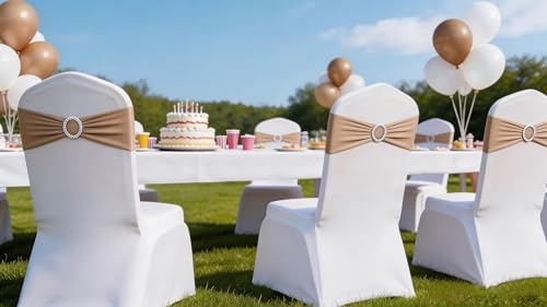 Pack of 50PCS Spandex Chair Sashes Bows Elastic Chair Cover Bands Slider Buckles for Wedding Reception Banquet Bridal Shower Decorations - Nude/Camel/Khaki - Image 6