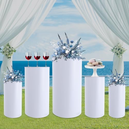 5PCS White Round Cylinder Pedestal Stands Display 19.7''+21.6''+23.6''+29.5''+35.4'' Height PVC Cylinder Tables for Party Cake Flower Backdrop Dessert Pillars for Birthday Wedding Baby Shower Event Decoration - Image 3