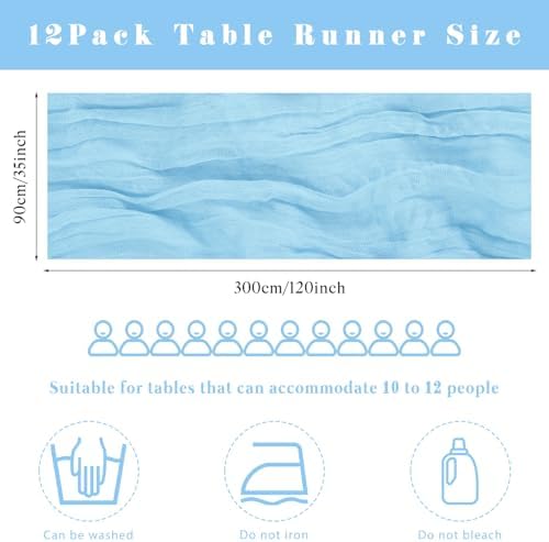 12 Pcs Baby Blue Cheesecloth Table Runner 10FT Runner for Tables 35 x 120 Inches Long Gauze Boho Fabric Table Runner Decoration Rustic Sheer Runner for Wedding Birthday Baby Shower Party (Baby Blue) - Image 3