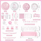 194 Pcs Pink Bow Birthday Decorations (Serves 24), Plates Napkins Cups Knifes Forks Hanging Swirls Cake & Cupcake Toppers, Banner Tablecloth Balloons Centerpieces for Girls Bachelorette Party Decor - Image 3