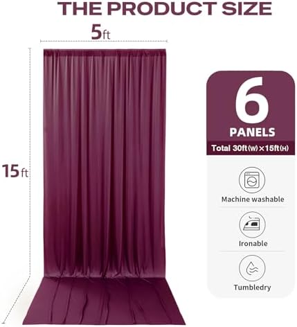 30ftx15ft Burgundy Backdrop Curtains for Parties, Wrinkle Free Polyester Burgundy Photo Backdrop Drapes 6 Panels 15 ft Long Back Drop Cloth for Wedding Birthday Photography Background Party - Image 6