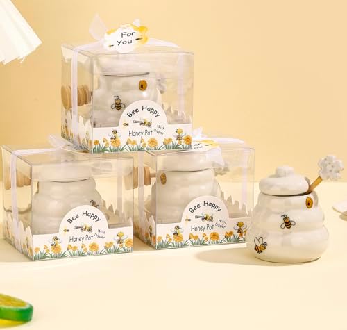 Ceramic Bee-Happy Honey Pot with Dipper，Honey Jar Serving Set with Exquisiting Package for Wedding Favor,Bridal Shower Favor, Baby Shower Favor，Party Favor (6, Scrolling) - Image 6