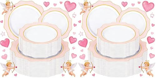 WDF 100PCS Pink Plastic Plates - Heavy Duty Pink and Gold Disposable Plates - Include 50 Dinner Plate and 50 Cake Plastic Plate for Valentine's Day, Wedding, Bridal Shower, Tea Party (Pack of 2) by WDF