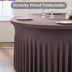 6 Pack Brown Spandex Round Tablecloths for 60 inch Table, Wrinkle Free Stretchy 120inch Fitted 5FT Round Table Cover Cloths with Skirt for Wedding Party Dining Banquet - Image 2