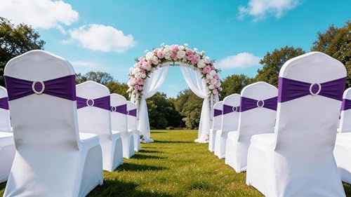 Spandex Purple Chair Sashes 100 Pack Wedding Chair Bows Bands Silver Buckle - Image 6