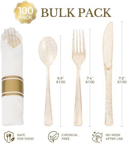 Goodluck 100 Pack Pre Rolled Gold Glitter Plastic Silverware with Napkins - Image 3