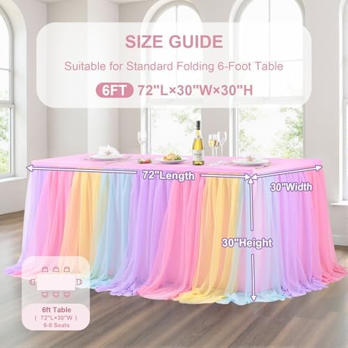 Wish Care 4 Pack Rainbow Tulle Tablecloth for 6 Foot Rectangle Tables Double Layer Tulle Tutu Skirt Unicorn Ruffle Pastel Table Cloth Stretch Fitted Table Covers for Girls Birthday Baby Shower Party - Image 5