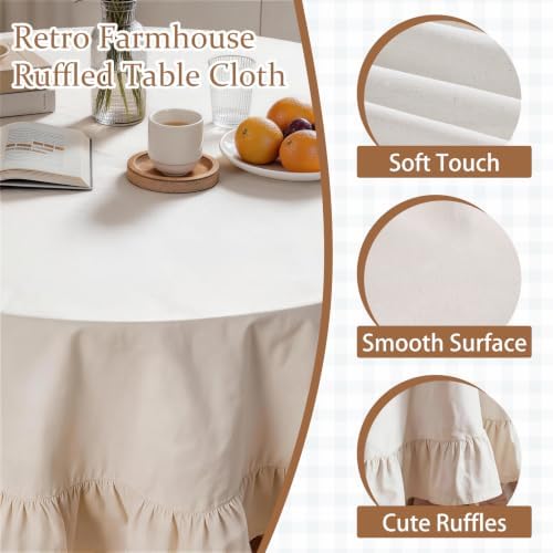 Retro Farmhouse Ruffle Tablecloth Flounces Trim Washable Table Cover Tablecloths for Round Table Picnic Kitchen Dining Room Home Party Wedding Decor Off-White 70" - Image 5