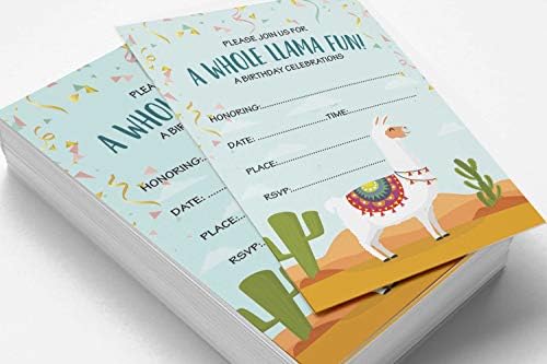 Pack of 30 Llama Kids Birthday Invitations, Boys or Girls Fill-in Style Invite, Children or Toddlers Baby First or 1st Bday Alpaca Cactus Fill in the Blank Invite Cards - Image 3