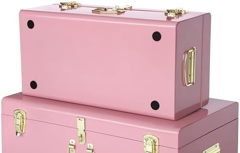 Vixdonos Decorative Large Metal Box Storage Trunk Chest Set of 2 College Dorm Organizer with Hardware Hasps and Handle for Home Deocr,23.7X14.2X9.5 Inches,Deep Pink - Image 3
