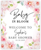 Andaz Press Baby in Bloom Personalized Baby Shower Welcome Sign Board Custom Wildflower Sign Pink Florals 16"x20" Canvas Floral Guest Book Alternative Welcome signs by AndazPress