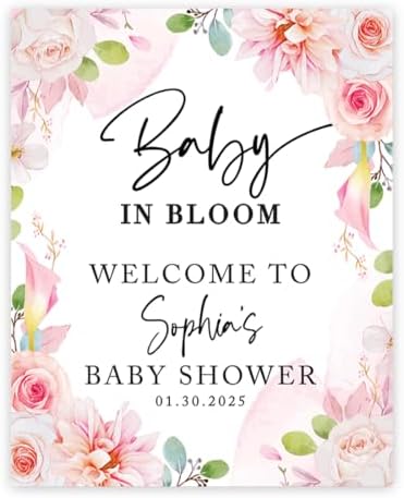 Andaz Press Baby in Bloom Personalized Baby Shower Welcome Sign Board Custom Wildflower Sign Pink Florals 16"x20" Canvas Floral Guest Book Alternative Welcome signs by AndazPress