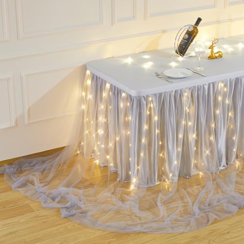 PARTISKY Gray Tulle Tutu Table Skirt for Rectangle Tables or Round Table,Led Light String Table Cloth for Wedding Baby Shower Birthday Party Dessert/Cake Tables - Image 4