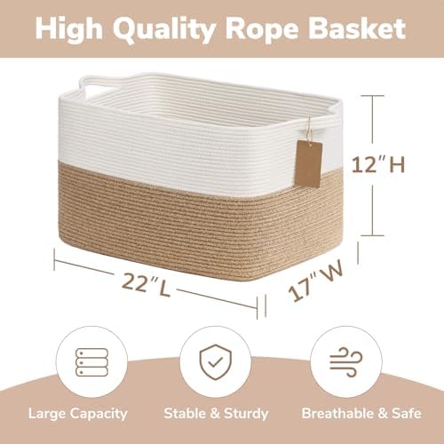 Goodpick 75L Extra Large Woven Rope Blanket Basket, Rectangle, Jute - Image 3