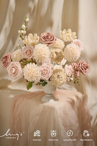 Ling's moment Fake Flowers Box, Faux Artificial Greenery Stems Foam Dahlia Roses Silk Willow Fabic Flower for Centerpieces Bouquet Wedding Vase Decorations, Dusty Rose & Cream & Blush, Grand Combo - Image 2