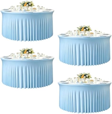 GALLETY 4 Pack Baby Blue Round Tablecloths for 5FT Tables, 120 inch Spandex Fitted Table Cover with Skirt, Wrinkle Free Stretchy Table Cloth for Easter Party, Family Reunion, Spring Event Decor by Creativepartyuniquedecorat