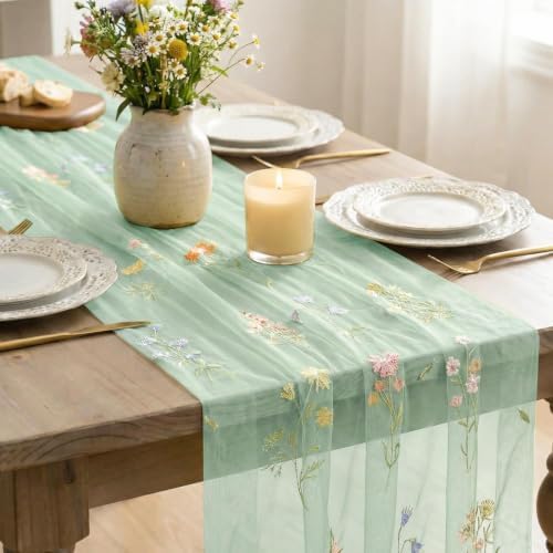 Artoid Mode 6PC Floral Sage Green Embroidery Table Runner 120 Inch 10FT - Image 4