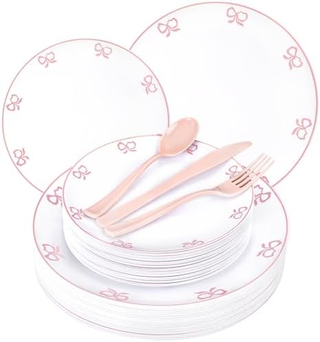 125PCS Pink Bow Plastic Plates - White and Pink Rim Disposable Plates - 50 Elegant Plates with Bow knot Patterns, 25 Forks, 25 Spoons, 25 Knives for Birthday Baby Shower Wedding Party by Joyido