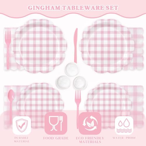 350 PCS Pink Gingham Disposable Dinnerware Set, Decagonal Paper Plates 7 & 9 Inch, Napkins, Cups & Cutlery, Checkered Party Supplies for Baby Shower Birthday Bridal Shower Picnic - Image 5