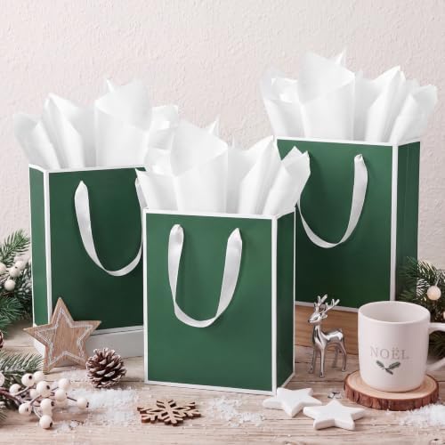Yeaqee 50 Pack Metallic Paper Gift Bag Bulk with Handle, Green, White - Image 5