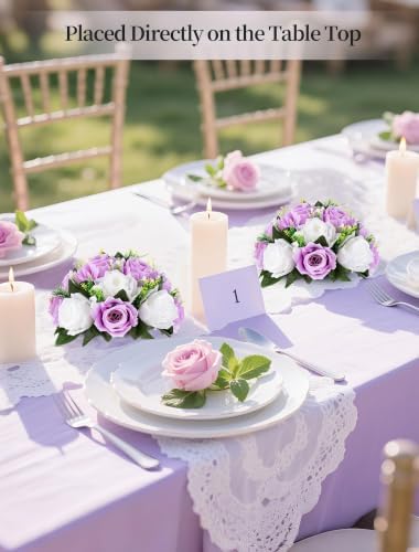BLOSMON Purple Flowers Ball for Centerpieces: 6 Pcs Fake Lilac White Roses Flowers for Wedding Dinning Table - Faux Silk Kissing Bouquet with Base Floral Arrangement for Home Party Event Decor - Image 3