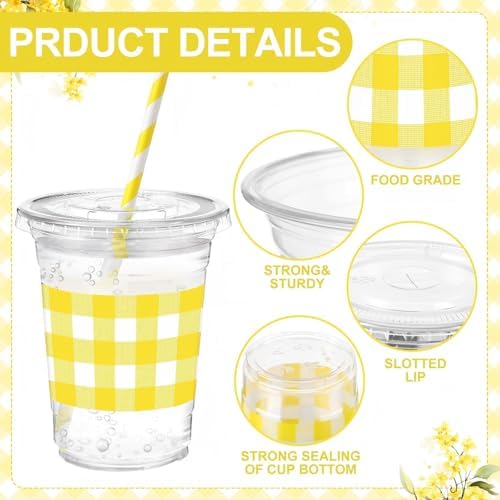 Sliner 50 Sets 16oz Yellow White Gingham Party Plastic Cups - Image 2
