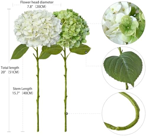 ZYTUYO 2PCS White & 2PCS Green Fake Hydrangea Real Touch 20" Latex Artificial Hydrangea Flowers with Long Stems for Outdoor Indoor Spring Home Decor Porch Party Wedding Xmas Floral Arrangements - Image 6