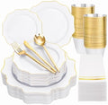 WDF 175Pcs Gold Plates Disposable - White and Gold Plastic Plates 25guest Plastic Dinnerware Ideal for Party/Wedding/First Communion by WDF